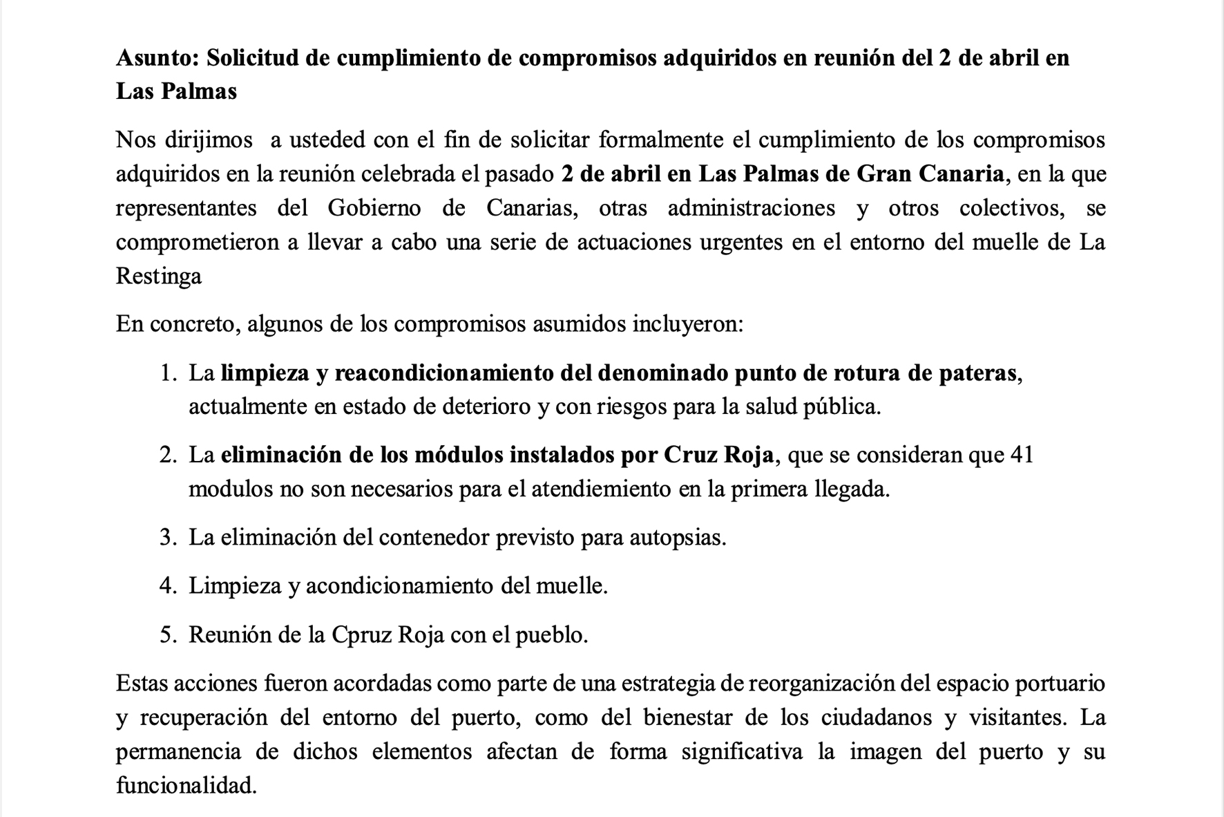 Carta de la Asociación de Vecinos de La Restinga, al Presidente del Gobierno de Canarias